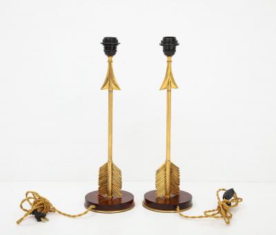 Maison Jansen Style Arrow Bronze and Mahogany Lamps