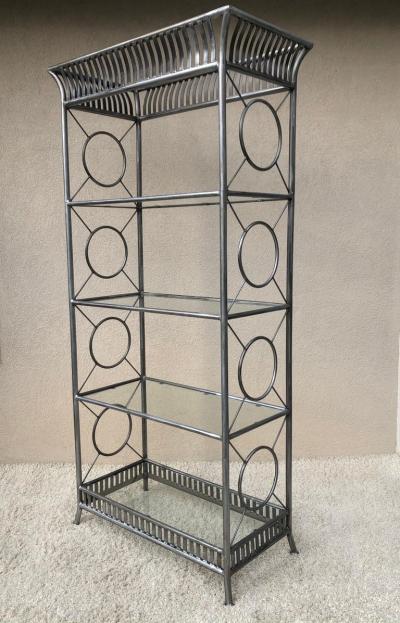 Maison Jansen Tall Etagere Silver Steel Glass Hollywood Regency Maison Jansen Style