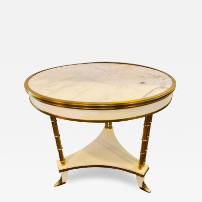 Maison Jansen White Lacquered Brass Mounted Marble Top Bouilliote Table Style of Maison Jansen