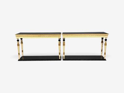 Maison Jansen attr Neoclassical Style Console Tables Carved Wood Black Marble