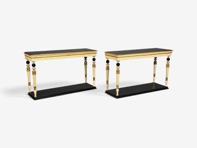 Maison Jansen attr Neoclassical Style Console Tables Carved Wood Black Marble