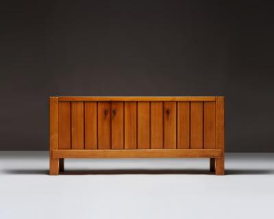 Maison Regain Carved Elm Sideboard with Leather Handles by Maison Regain France c 1970