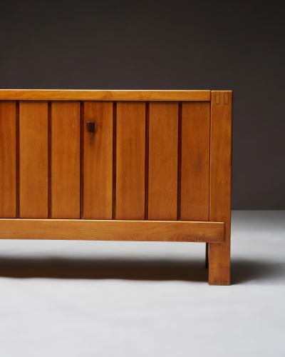 Maison Regain Carved Elm Sideboard with Leather Handles by Maison Regain France c 1970