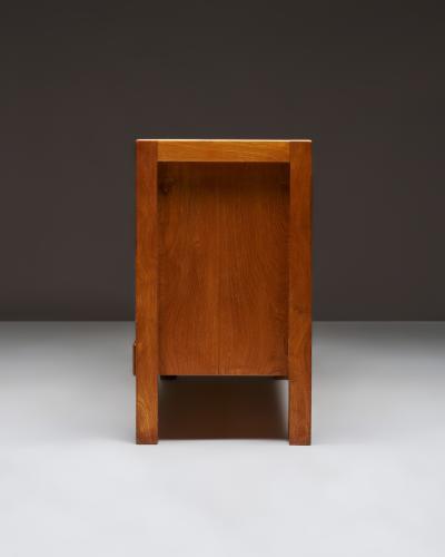 Maison Regain Carved Elm Sideboard with Leather Handles by Maison Regain France c 1970