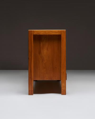 Maison Regain Carved Elm Sideboard with Leather Handles by Maison Regain France c 1970