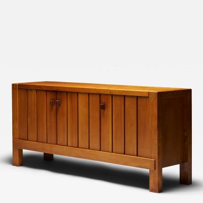 Maison Regain Carved Elm Sideboard with Leather Handles by Maison Regain France c 1970
