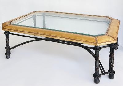 Maitland Smith Embossed Leather Wrapped Perimeter Iron Coffee Table Inset Beveled Glass Top