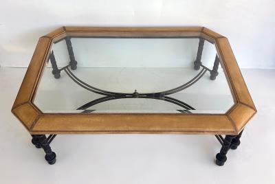 Maitland Smith Embossed Leather Wrapped Perimeter Iron Coffee Table Inset Beveled Glass Top