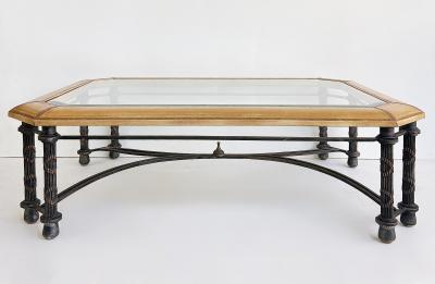 Maitland Smith Embossed Leather Wrapped Perimeter Iron Coffee Table Inset Beveled Glass Top