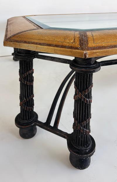 Maitland Smith Embossed Leather Wrapped Perimeter Iron Coffee Table Inset Beveled Glass Top