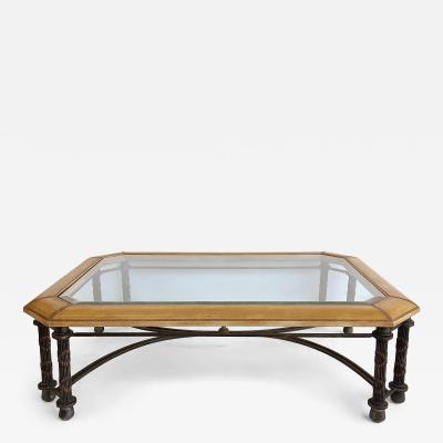 Maitland Smith Embossed Leather Wrapped Perimeter Iron Coffee Table Inset Beveled Glass Top