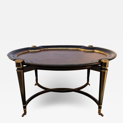 Maitland Smith Hollywood Regency Burl Wood with Gold Trim Oval Cocktail Table by Maitland Smith