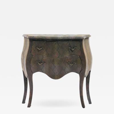 Maitland Smith Louis XV Style Bomb Commode Wrapped in Olive Green Faux Snakeskin