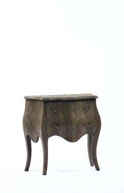 Maitland Smith Louis XV Style Bomb Commode Wrapped in Olive Green Faux Snakeskin