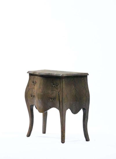 Maitland Smith Louis XV Style Bomb Commode Wrapped in Olive Green Faux Snakeskin