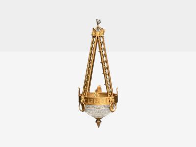 Maitland Smith Maitland Smith Gilt Metal Glass Greek Key Motif Pendant Light 21st C 