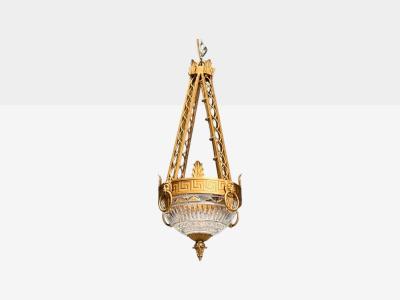 Maitland Smith Maitland Smith Gilt Metal Glass Greek Key Motif Pendant Light 21st C 