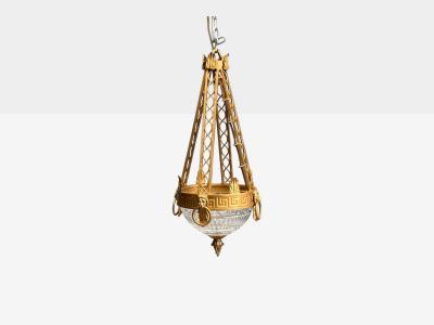 Maitland Smith Maitland Smith Gilt Metal Glass Greek Key Motif Pendant Light 21st C 