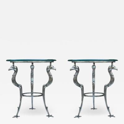 Maitland Smith Matching Pair of Hollywood Regency Glass Steel End Tables by Maitland Smith
