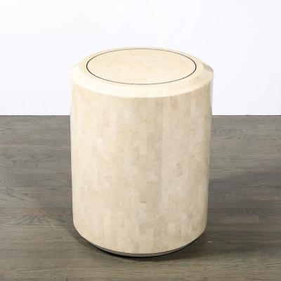 Maitland Smith Mid Century Drum Form Brass Inlay Tessellated Stone Side Table by Maitland Smith