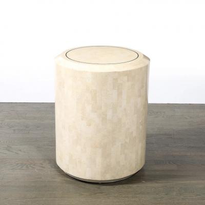 Maitland Smith Mid Century Drum Form Brass Inlay Tessellated Stone Side Table by Maitland Smith