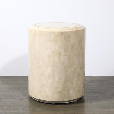 Maitland Smith Mid Century Drum Form Brass Inlay Tessellated Stone Side Table by Maitland Smith