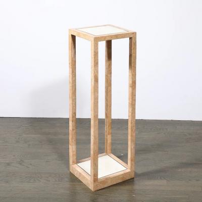 Maitland Smith Mid Century Tessellated Muted Rose Off White Stone Pedestal by Maitland Smith