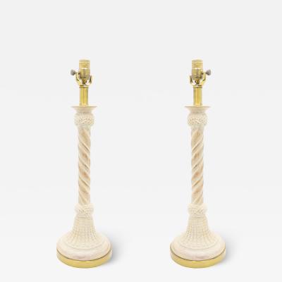 Maitland Smith Pair of Maitland Smith Bleached Wood Spiral Table Lamps