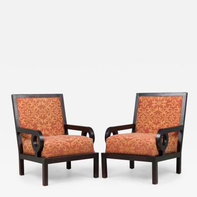 Maitland Smith Pair of Maitland Smith English Dark Walnut Oversized Upholstered Club Armchairs