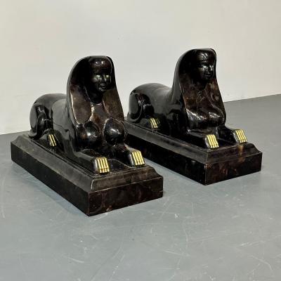 Maitland Smith Pair of Maitland Smith Tessellated Egyptian Seated Sphinxes Entryway