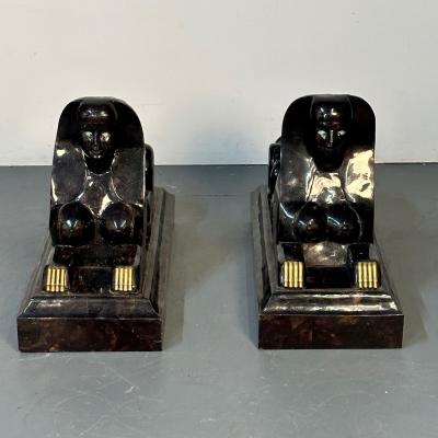 Maitland Smith Pair of Maitland Smith Tessellated Egyptian Seated Sphinxes Entryway