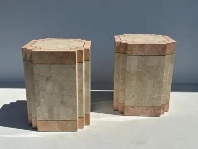 Maitland Smith Pair of Tessellated Pink Stone Side End Tables