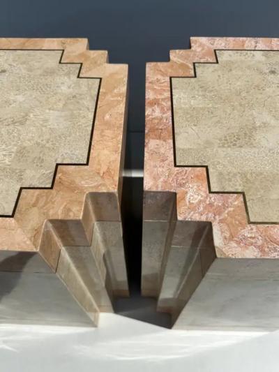 Maitland Smith Pair of Tessellated Pink Stone Side End Tables