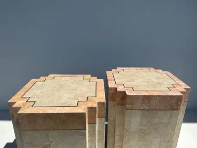 Maitland Smith Pair of Tessellated Pink Stone Side End Tables