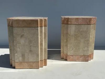 Maitland Smith Pair of Tessellated Pink Stone Side End Tables