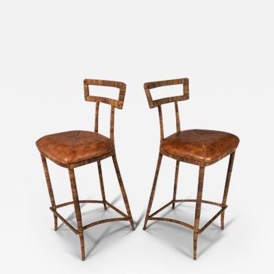 Maitland Smith Set of Two 2 Mid Century Modern Substantial Campaign Bar Height Bar Stools