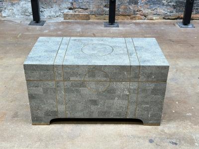 Maitland Smith Tessellated Stone Trunk w Brass Inlay 1980