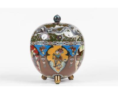 Majestic Japanese Cloisonne Enamel Covered Jar with Dragons Theater Characters