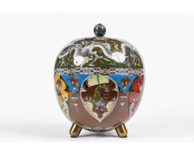 Majestic Japanese Cloisonne Enamel Covered Jar with Dragons Theater Characters