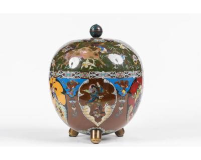 Majestic Japanese Cloisonne Enamel Covered Jar with Dragons Theater Characters