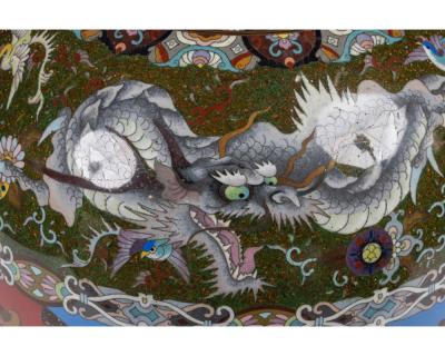 Majestic Japanese Cloisonne Enamel Covered Jar with Dragons Theater Characters