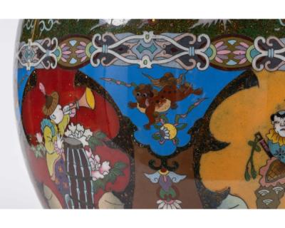 Majestic Japanese Cloisonne Enamel Covered Jar with Dragons Theater Characters