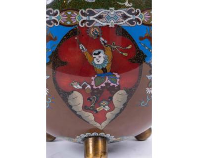Majestic Japanese Cloisonne Enamel Covered Jar with Dragons Theater Characters