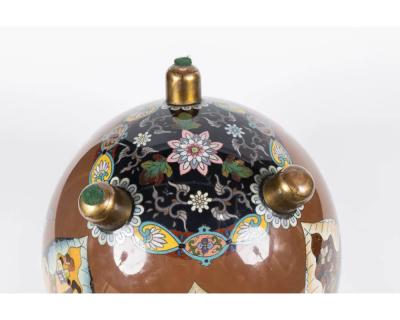 Majestic Japanese Cloisonne Enamel Covered Jar with Dragons Theater Characters