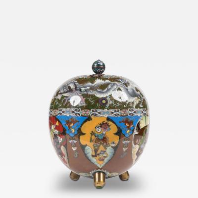 Majestic Japanese Cloisonne Enamel Covered Jar with Dragons Theater Characters