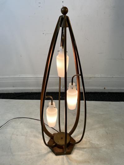Majestic Lamp company EXCEPTIONAL MID CENTURY WOOD BRASS AND GLASS CAGE LAMP