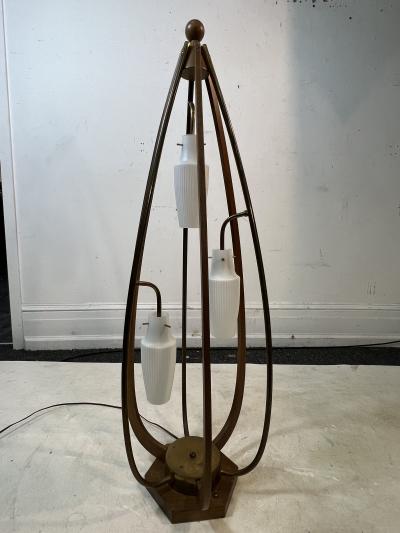 Majestic Lamp company EXCEPTIONAL MID CENTURY WOOD BRASS AND GLASS CAGE LAMP