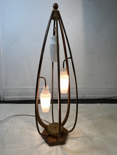 Majestic Lamp company EXCEPTIONAL MID CENTURY WOOD BRASS AND GLASS CAGE LAMP