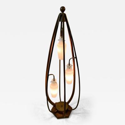 Majestic Lamp company EXCEPTIONAL MID CENTURY WOOD BRASS AND GLASS CAGE LAMP