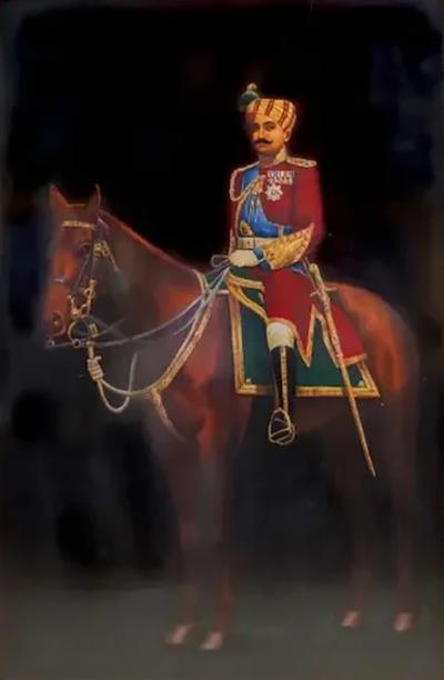 Majestic Maharaja A Monumental Oil Painting of an Indian Maharaja on Horseback